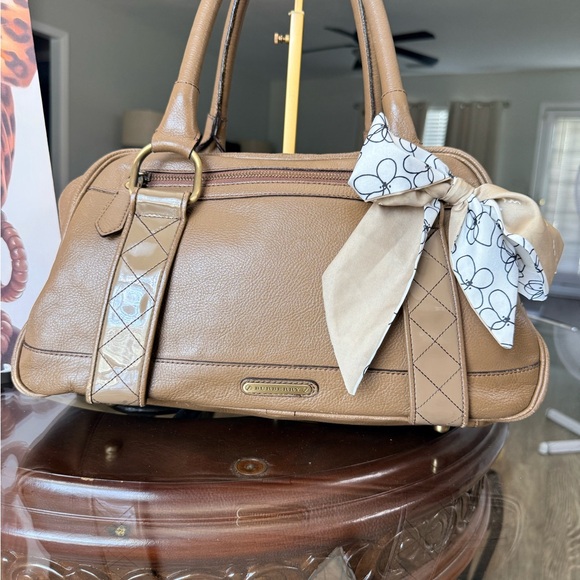 Burberry Tan Leather Satchel with Scarf Accent - Picture 3 of 13